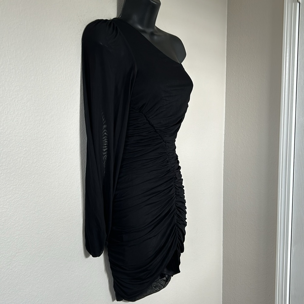 Princess Polly Dante Long Sleeve One Shoulder Ruched Mini Dress Black - Picture 8 of 12